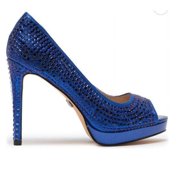 MSRP $109 Lauren Lorraine Candie 12 Rhinestone Peep Toe Platform Pumps Navy 7.5 - Picture 1 of 10